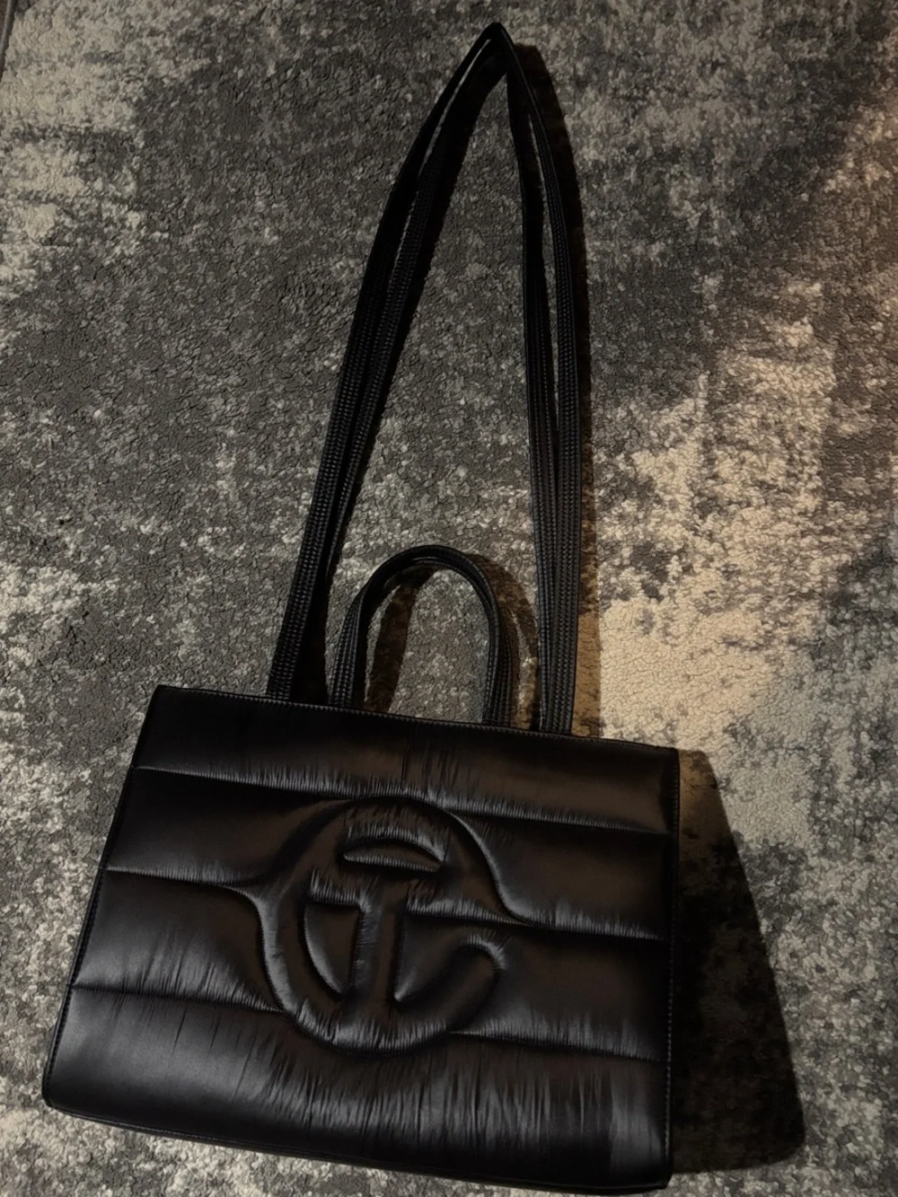 Telfar Black Quilted Tote Bag with Embossed Logo